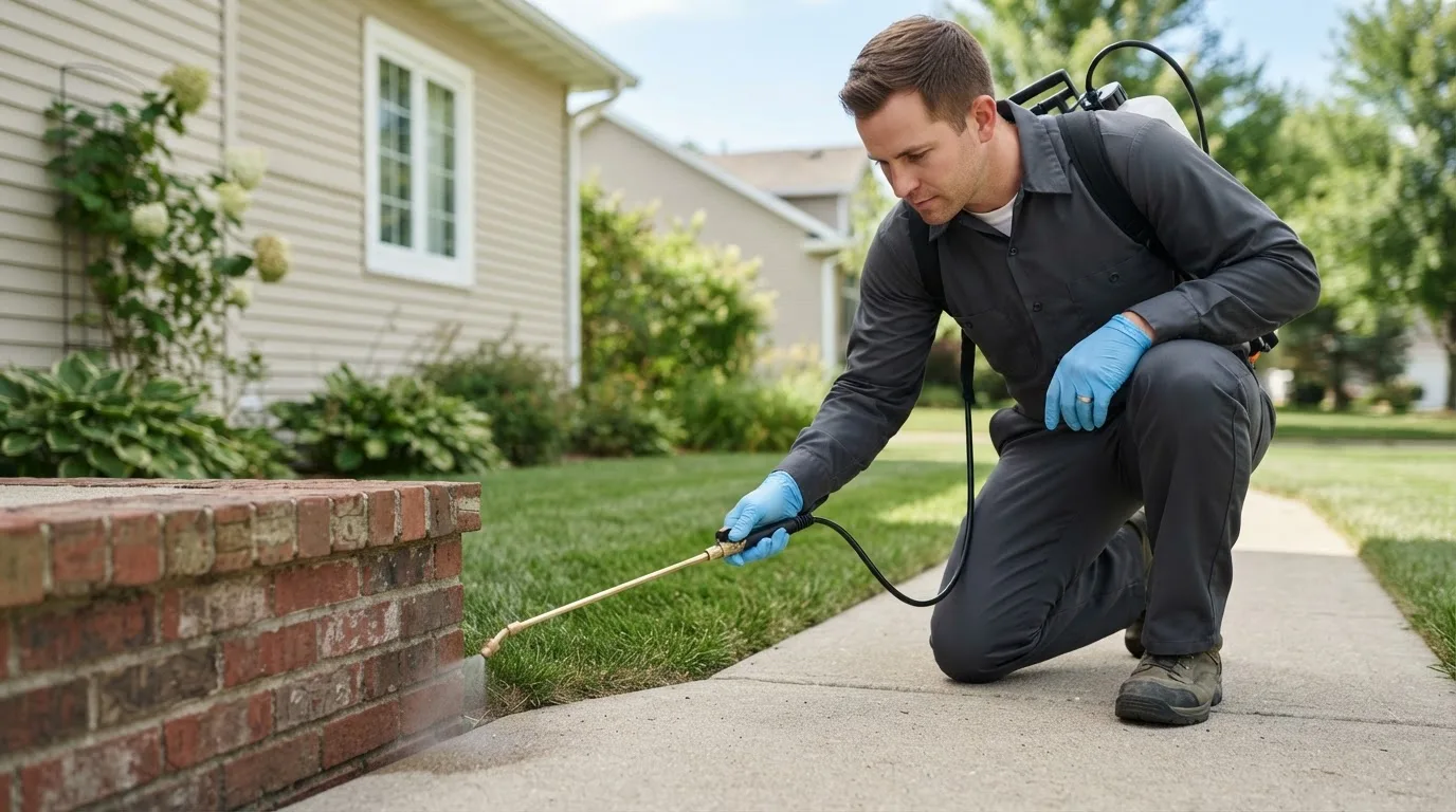 Pest control technician treating a home near Mountain Park, OK